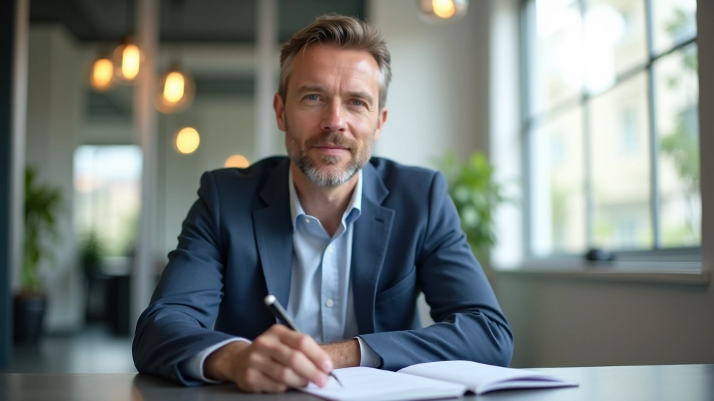 Professionnel belge au bureau, concentré sur son travail, bloc-notes avec matrice visible