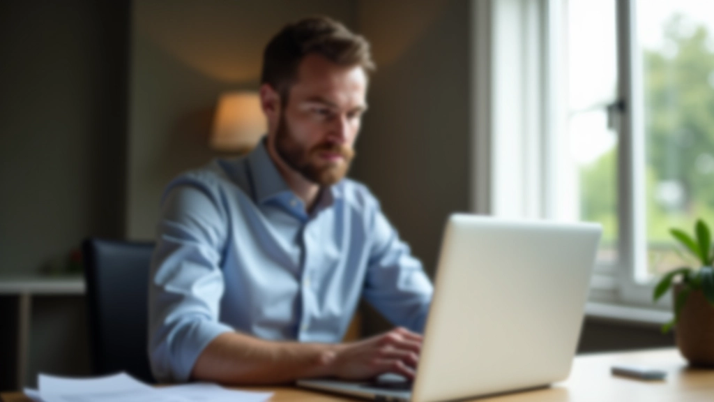 Professionnel belge travaillant avec concentration sur son ordinateur portable dans un bureau lumineux, aucune distraction visible