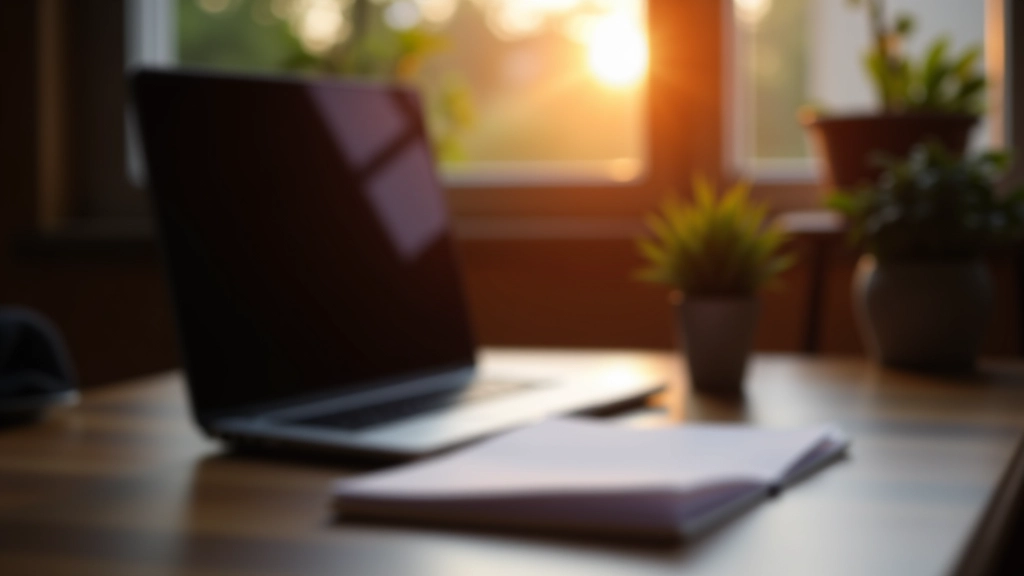 Bureau rangé le soir avec ordinateur fermé, cahier avec notes de demain, lumière chaude du coucher de soleil entrant par la fenêtre, ambiance calme et organisée