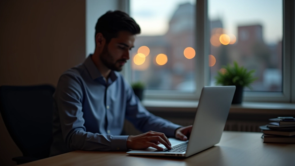 Personne fermant son ordinateur portable le soir à côté d'une fenêtre avec vue sur la ville, montrant la séparation travail-vie privée