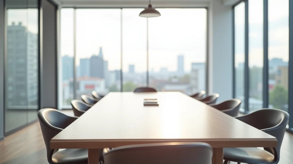 Salle de réunion avec table en bois, chaises vides et fenêtre donnant sur un paysage urbain belge