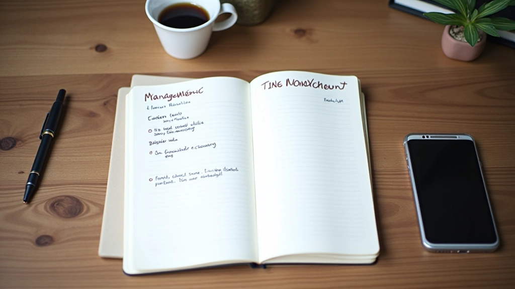 Cahier ouvert avec notes manuscrites à côté d'une tasse de café et d'un téléphone sur un bureau en bois