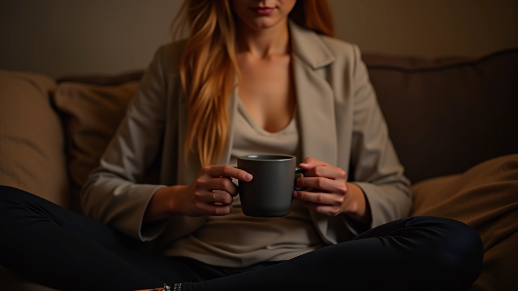 Personne se relaxant à la maison en fin de journée, assise confortablement avec une boisson chaude, loin de tout écran de travail