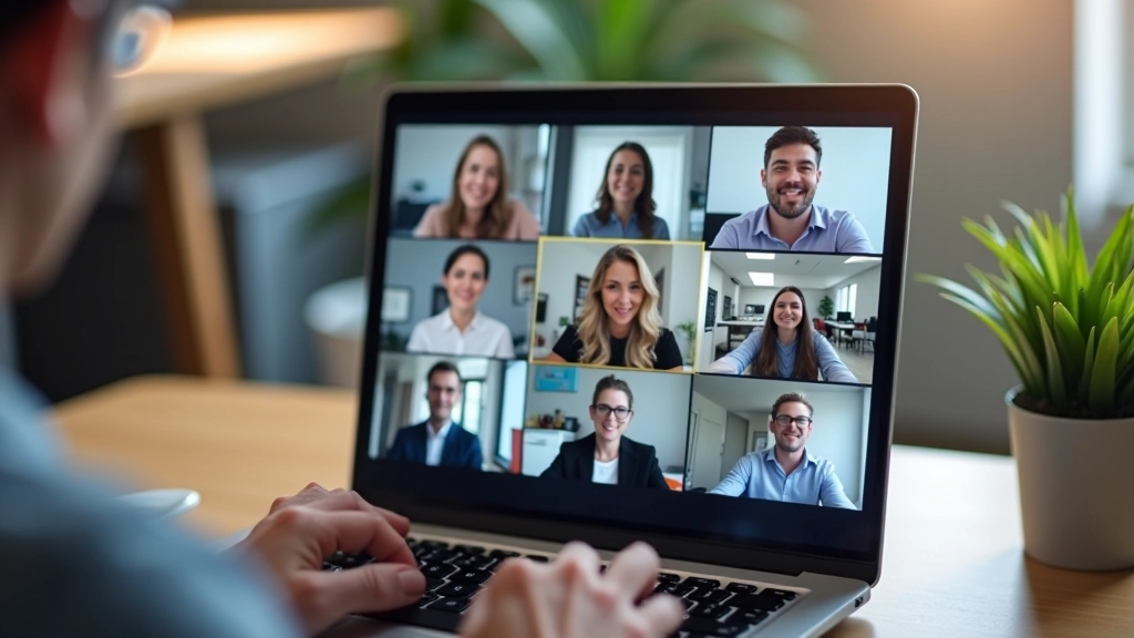 Groupe de collègues en réunion virtuelle, plusieurs écrans avec vidéos, expressions mitigées