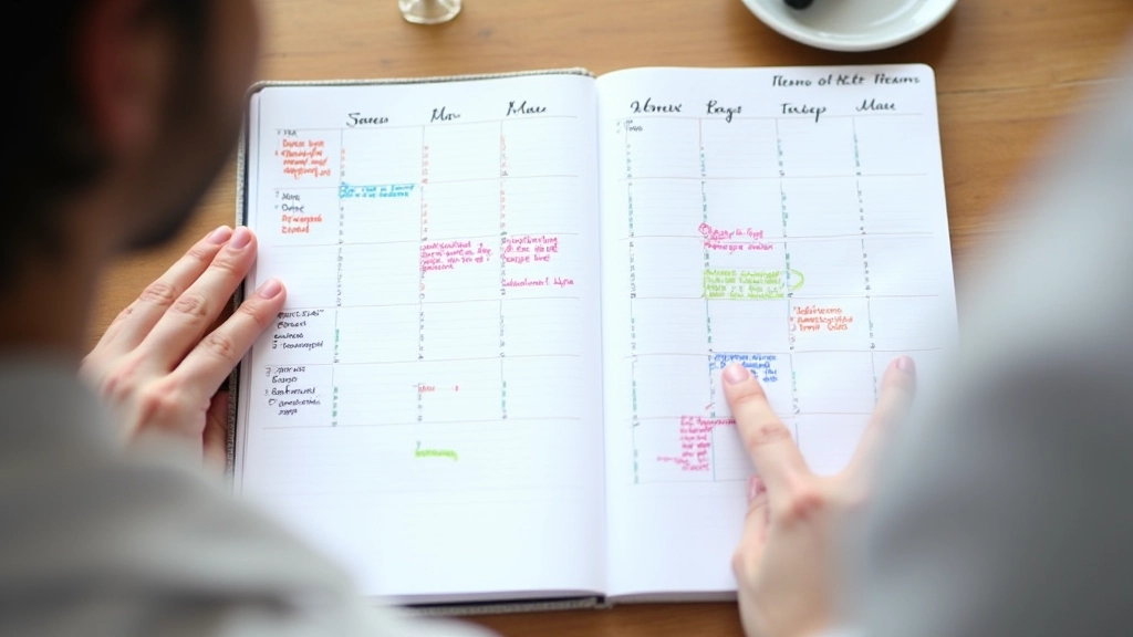 Vue de dessus d'un calendrier planificateur avec des marqueurs colorés et des notes manuscrites organisées par créneaux horaires