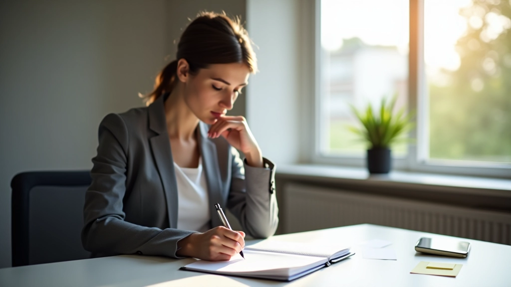 Femme à son bureau avec post-its, stylo à la main, expression concentrée, lumière naturelle de fenêtre